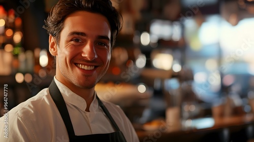 Waiter's Face with a Smile: Portrait of a waiter's face, smiling and welcoming, with a restaurant environment in the background. 