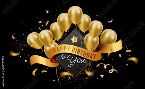 Vector happy birthday illustration with shine golden flying balloon and text. 3d realistic holiday template design of air helium balloon with ribbon and confetti on black color background