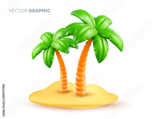 Vector summer illustration of tropical sand island with palm tree on white background. 3d style cartoon design of summer object
