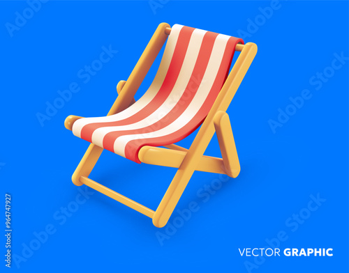 Vector summer illustration of red striped beach chair with shadow on blue background. 3d style cartoon design of summer wooden folding deck chair for pool