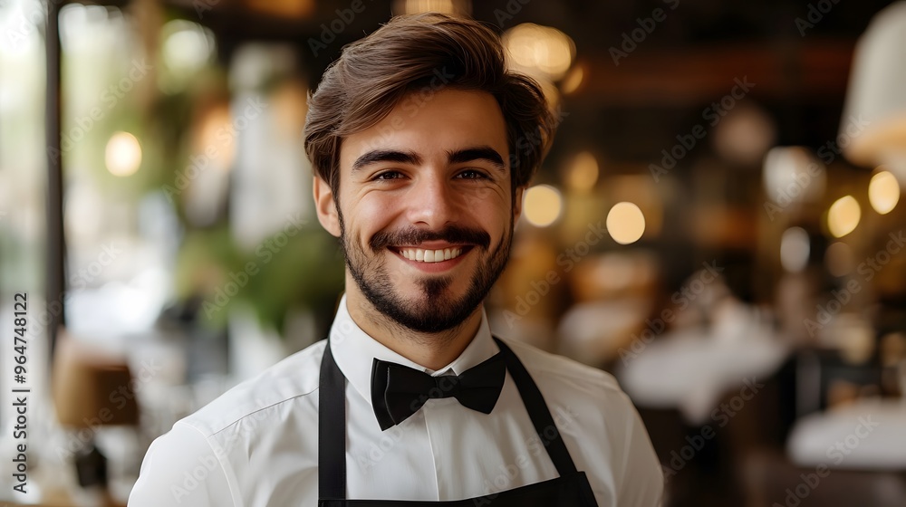 Waiter's Face with a Smile: Portrait of a waiter's face, smiling and welcoming, with a restaurant environment in the background.
Waiter's Face with a Smile: Portrait of a waiter's face, smiling and welcoming, with a restaurant environment in the background.