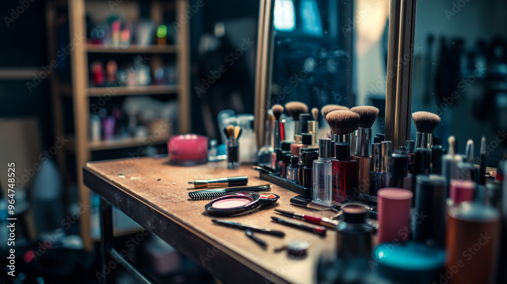 A table in a room has a hairbrush, comb, and makeup. A table in a room has a hairbrush, comb, and makeup.