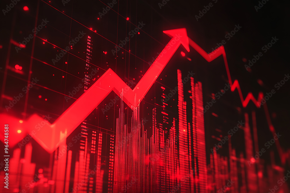 An abstract digital background featuring a red arrow pointing upwards against a stock exchange backdrop, symbolizing financial growth, market trends, and upward movement in the economy.