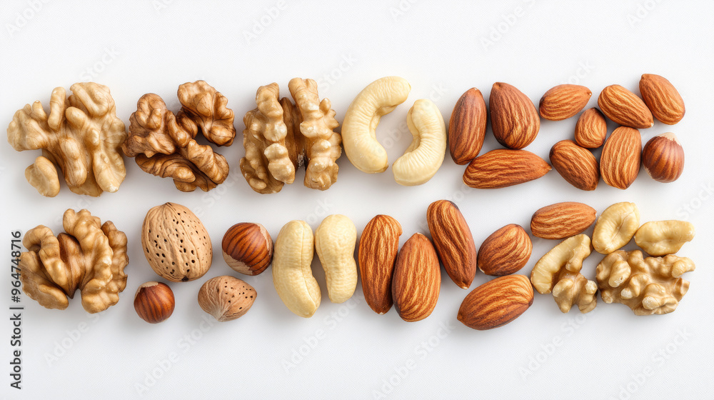 A variety of nuts, such as almonds, walnuts, and cashews, are scattered on a plain white surface. A variety of nuts, such as almonds, walnuts, and cashews, are scattered on a plain white surface.