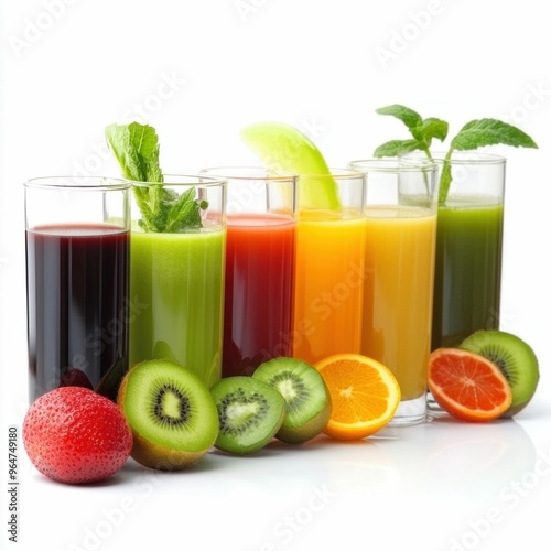 Assorted Fresh Fruit Juices in Glasses on White Background