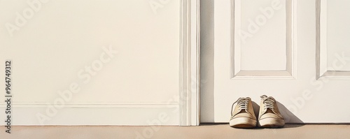 A pair of casual shoes rests beside a closed door, symbolizing home and comfort in a minimalist setting.
