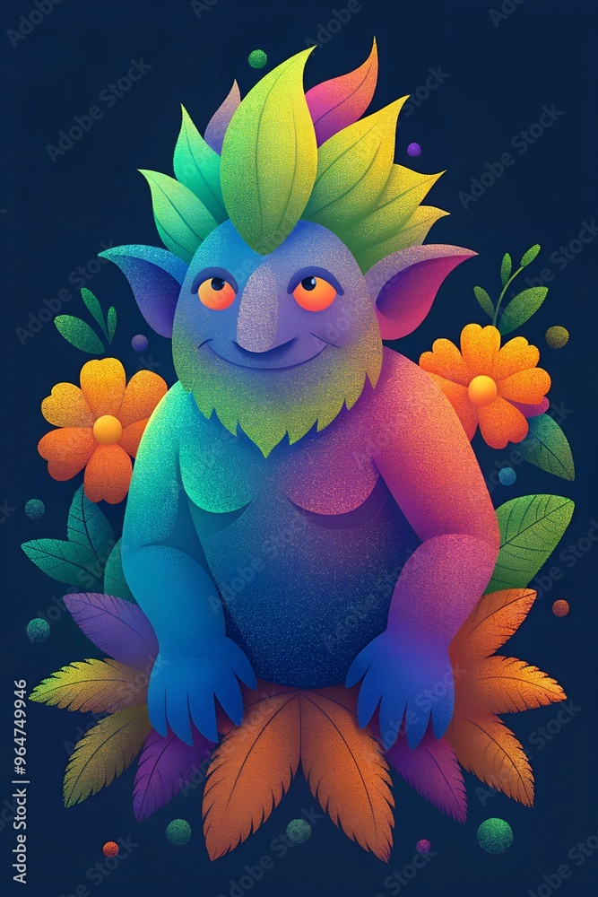 A colorful, whimsical creature with vibrant hair surrounded by flowers and leaves against a dark background A colorful, whimsical creature with vibrant hair surrounded by flowers and leaves against a dark background