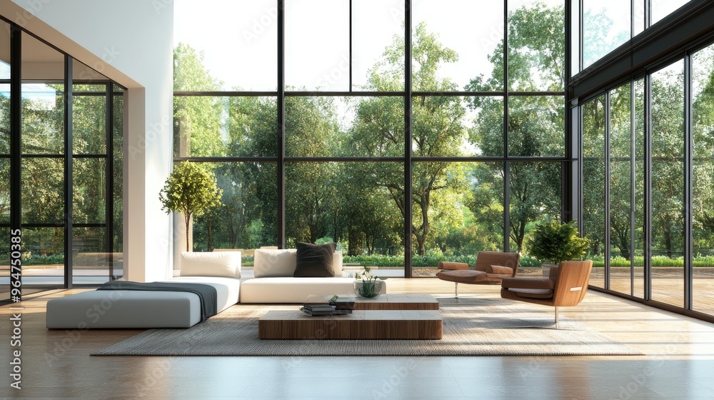 Modern Living Room Design with Floor to Ceiling Windows and a View of the Forest