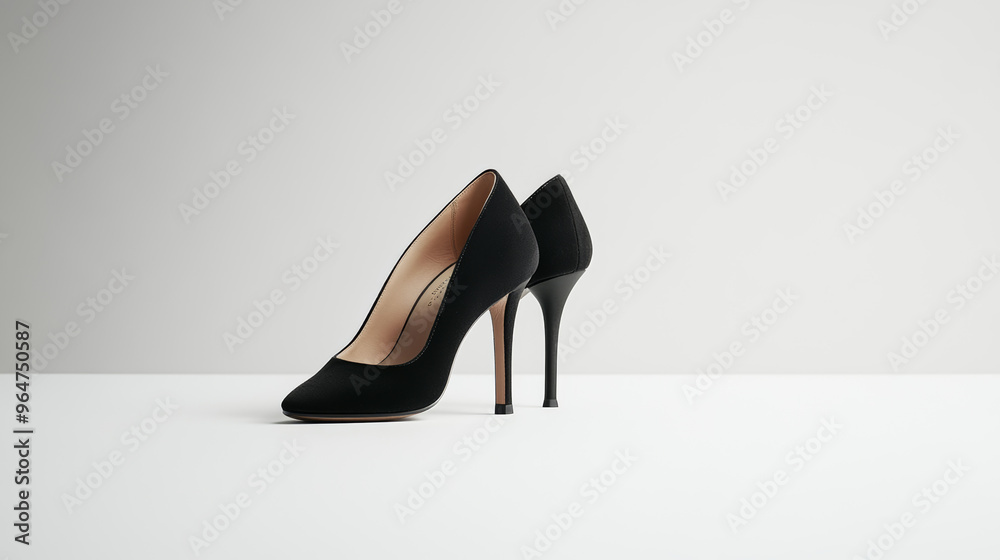Black high heels made of soft suede, shown on a plain white background. Black high heels made of soft suede, shown on a plain white background.