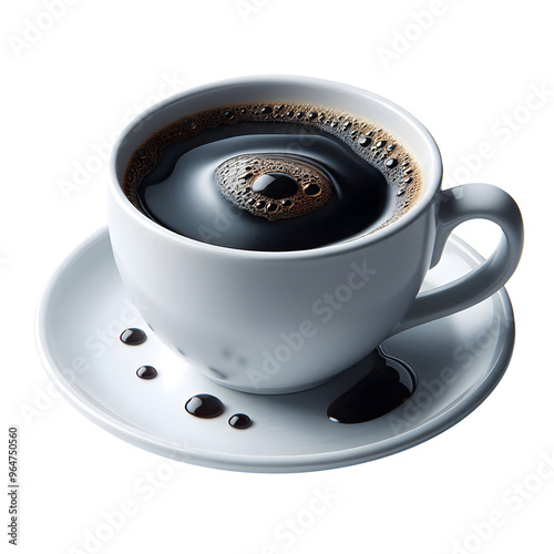 white ceramic cup of black coffee drop isolated on transparent background
