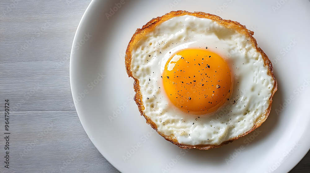 Single fried egg on white plate, minimalist composition. Single fried egg on white plate, minimalist composition.
