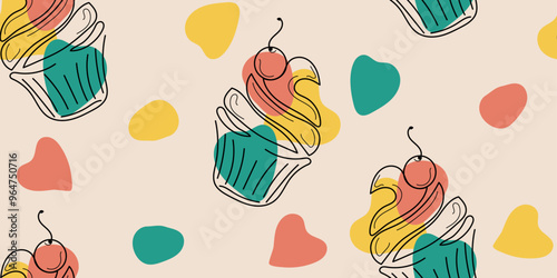 Dessert Day colorful seamless pattern. Cupcake with cherry in line art style on beige background. Hand drawn vector illustration in green, red, yellow colors for textile, wrapping, business, posters	