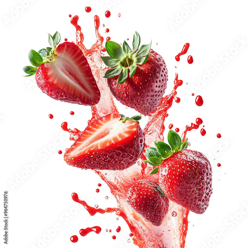 Juicy Strawberries Leap into Action  on white transparent background