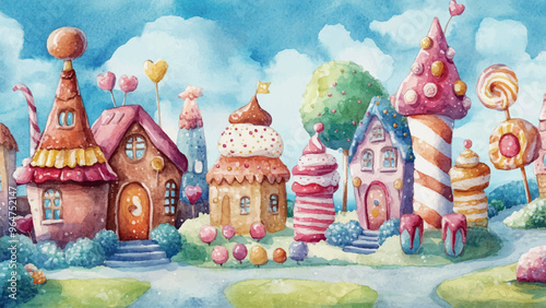 Village Of Sweets Watercolor Illustration For Childrens Book Enchanted Candy Village Colorful Sweet Treats Whimsical Watercolor Art Kids Storybook Magical Candyland Scene Charming