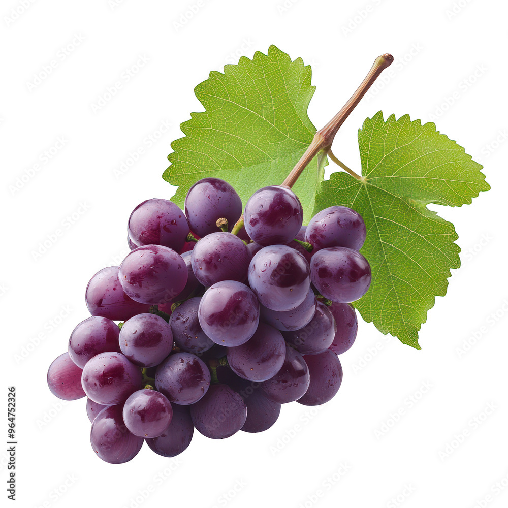 Fototapeta premium Fresh bunch of purple grapes with vibrant leaves, perfect for illustrating healthy eating and organic produce. transparent background