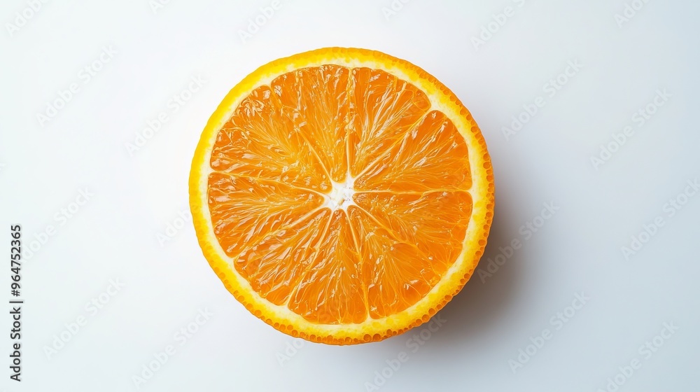 A single orange slice, separated from its background, on a white surface. A single orange slice, separated from its background, on a white surface.