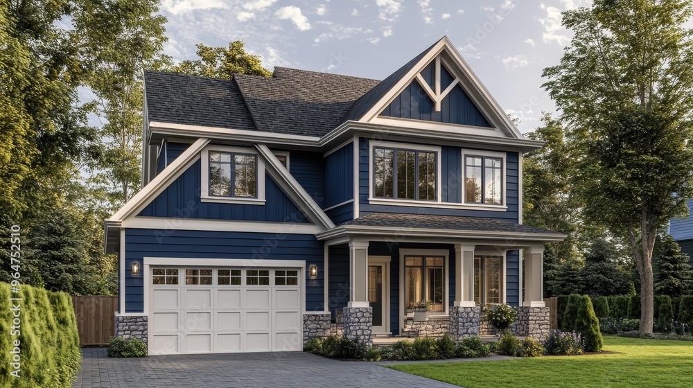 Blue and White Dream Home - 3D Rendering, Exterior, Cottage Style, home exterior, 3d rendering, cottage style Blue and White Dream Home - 3D Rendering, Exterior, Cottage Style, home exterior, 3d rendering, cottage style