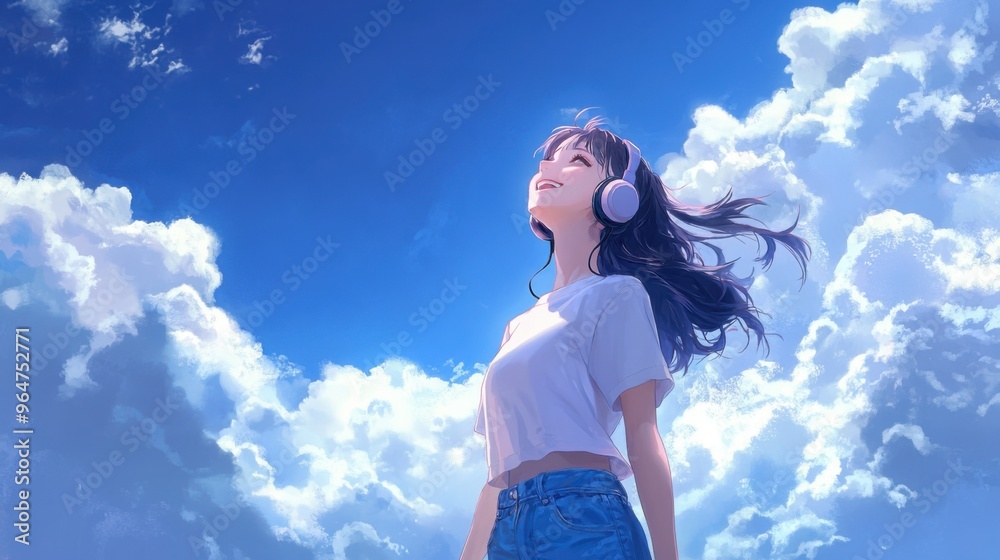 Smiling Japanese Girl in Headphones in Anime Style with Cloud Background, Painted Illustration for Background and Poster Design Smiling Japanese Girl in Headphones in Anime Style with Cloud Background, Painted Illustration for Background and Poster Design