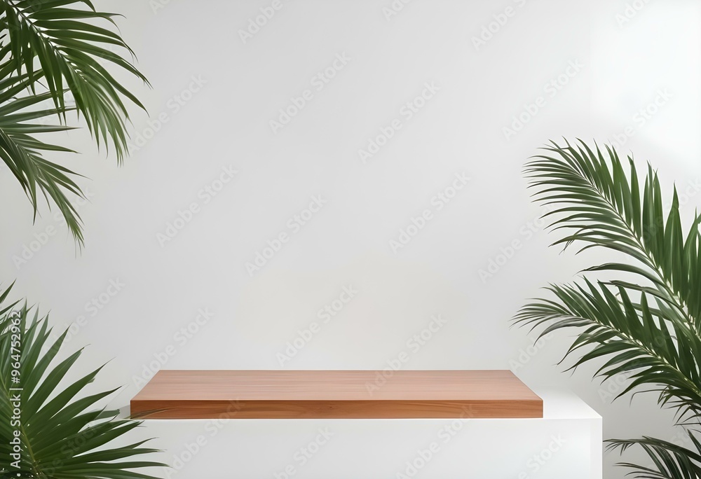 White podium with wooden top and palm leaves, minimal background White podium with wooden top and palm leaves, minimal background