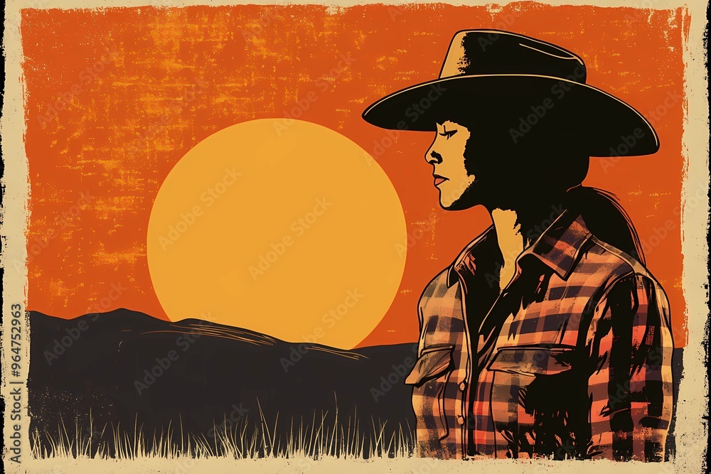 background image of a cowboy woman, western illustration style, western.  