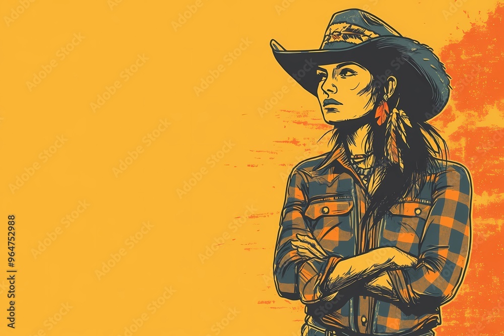 background image of a cowboy woman, western illustration style, western.  