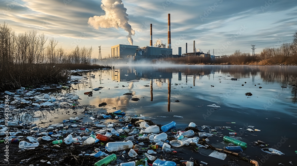 Water Pollution With Plastic Waste Industrial Plant Stock Illustration 