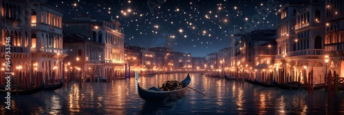 Gondola under a starry night. A serene night scene in Venice with a gondola gliding through illuminated canals under a breathtaking starry sky, capturing the essence of romance and tranquility.
