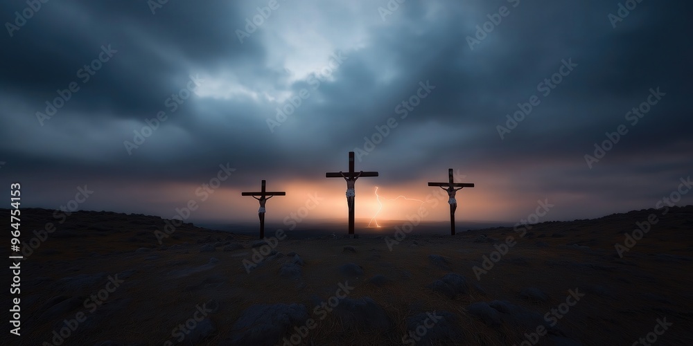 Jesus on the cross at Golgotha, with two criminals crucified on either ...