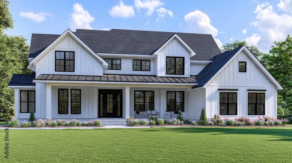 Front Yard View of a Modern Farmhouse with White Siding, Black Windows, and a Black Door, 3D Rendering, Modern Farmhouse, Farmhouse Design, Home Architecture Front Yard View of a Modern Farmhouse with White Siding, Black Windows, and a Black Door, 3D Rendering, Modern Farmhouse, Farmhouse Design, Home Architecture