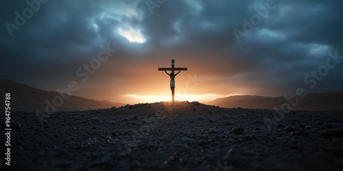 Jesus on the cross at Golgotha. The sky is dark and foreboding.