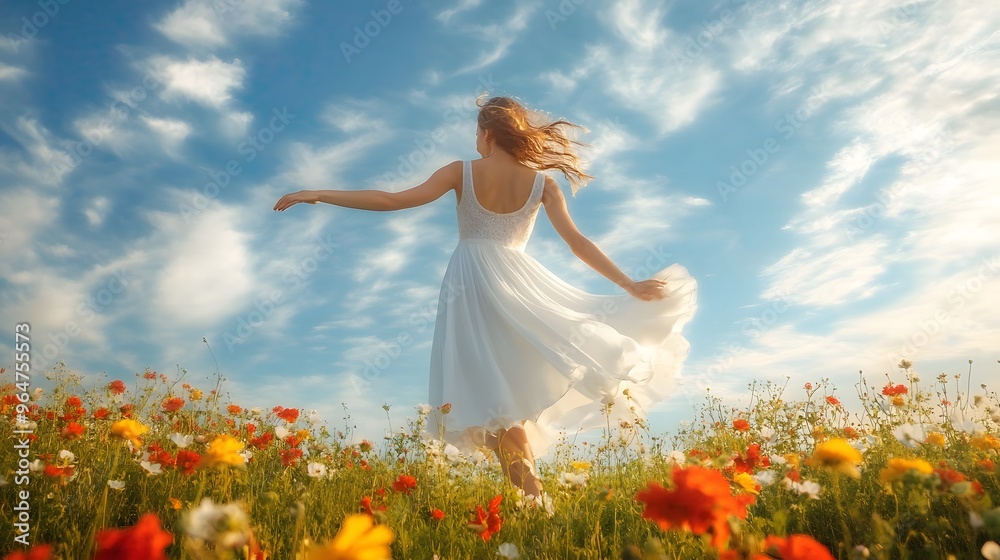 Fototapeta premium Woman in White Sundress: A woman in a white sundress twirling in a field of flowers, with a bright blue sky above. 