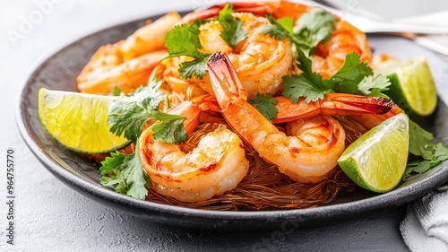 Delicious shrimp dish garnished with lime and fresh herbs, served on a dark plate, perfect for culinary presentations.