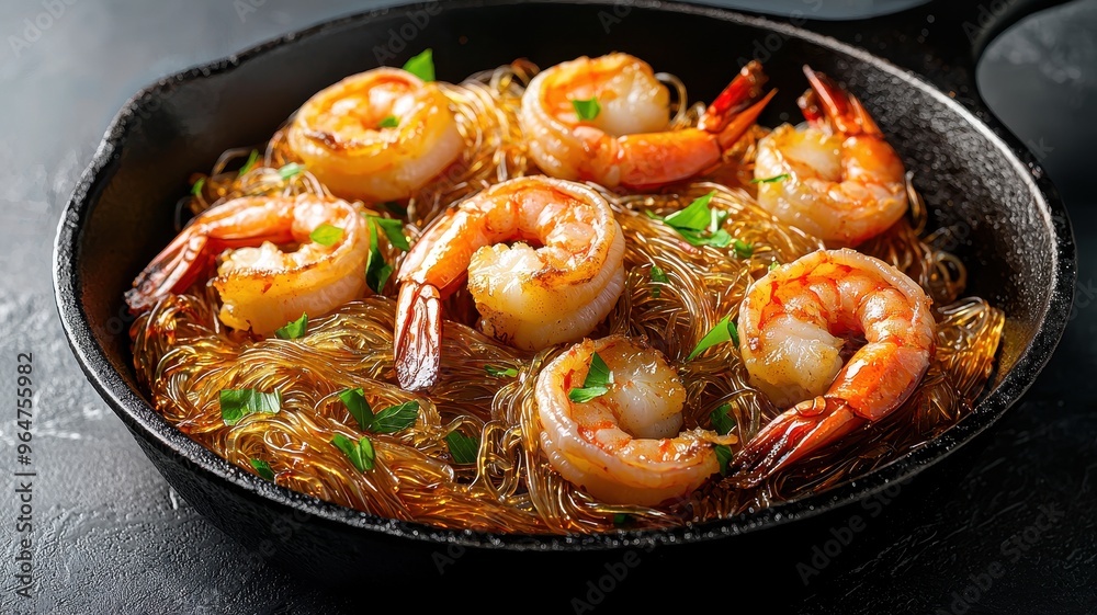 Delicious shrimp served on a bed of noodles in a cast-iron skillet, garnished with fresh herbs for an appetizing meal. Delicious shrimp served on a bed of noodles in a cast-iron skillet, garnished with fresh herbs for an appetizing meal.