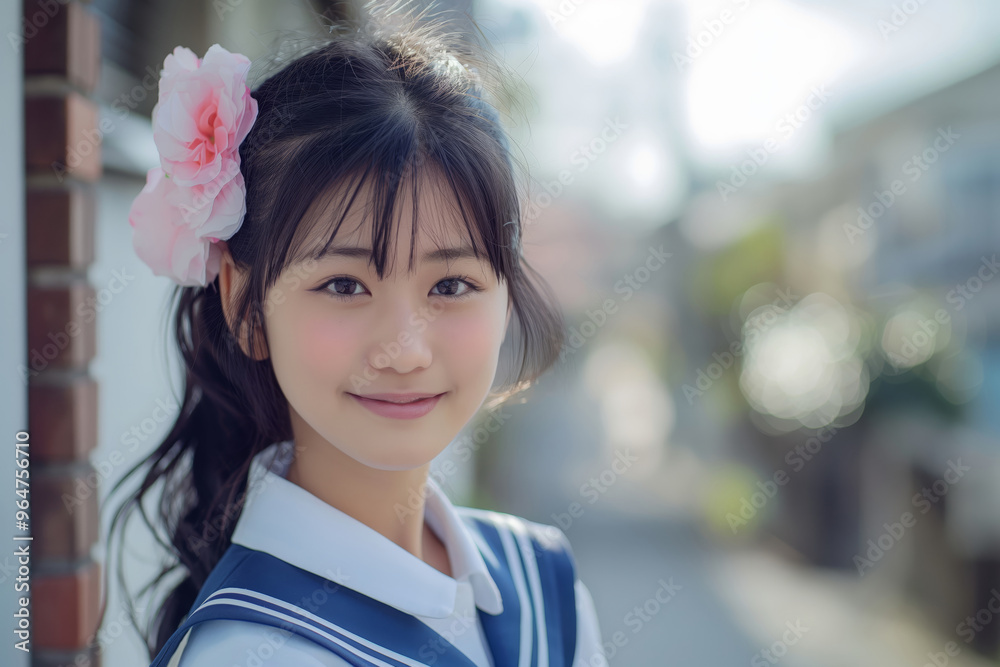 Young girl wearing a blue school uniform and a pink flower in her hair Young girl wearing a blue school uniform and a pink flower in her hair