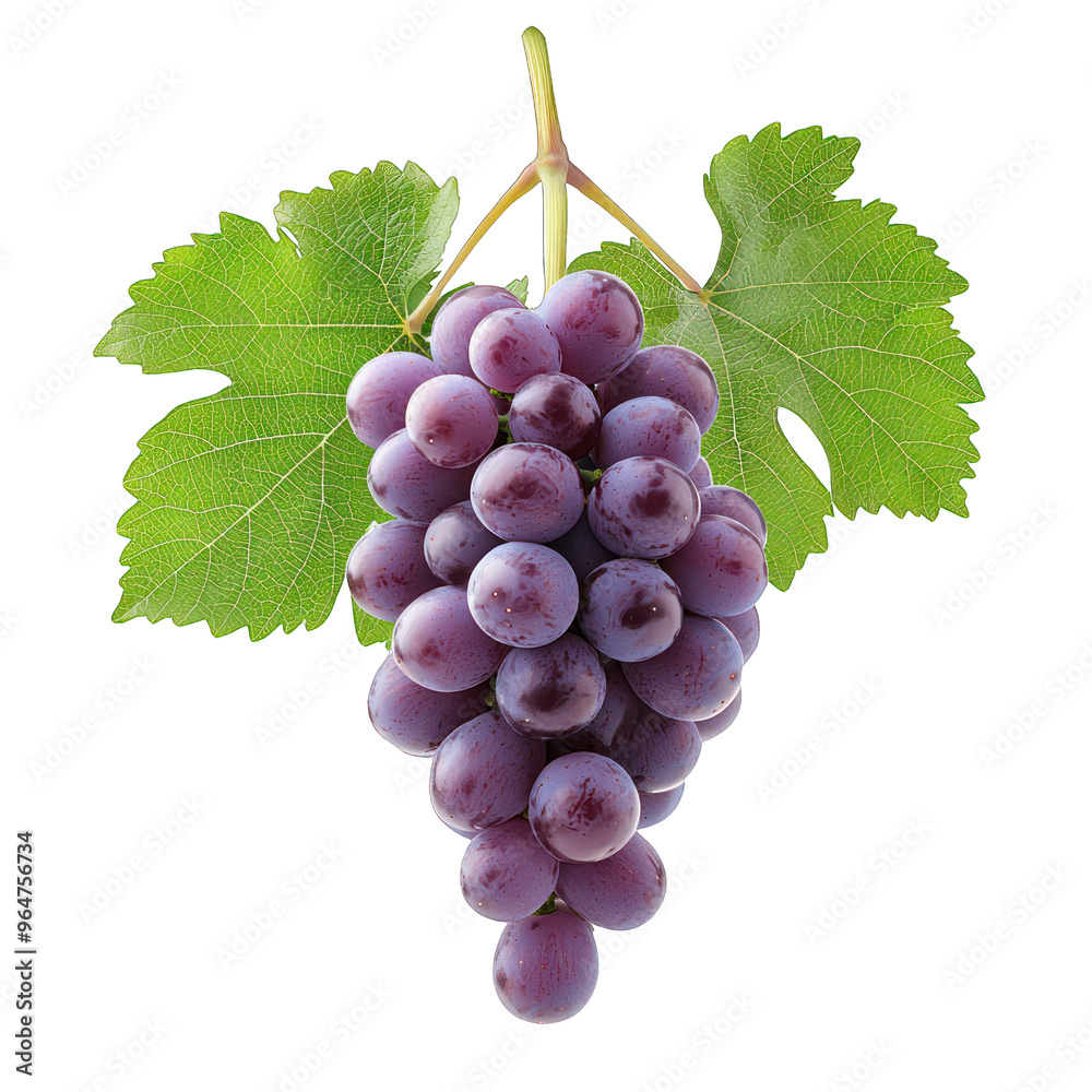 Fototapeta premium Fresh purple grape cluster with green leaves, perfect for healthy eating, desserts, or wine-making concepts. transparent background
