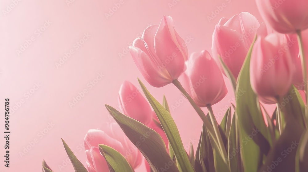 Fototapeta premium Pink Tulip Bouquet on a Pastel Background, soft, floral, spring