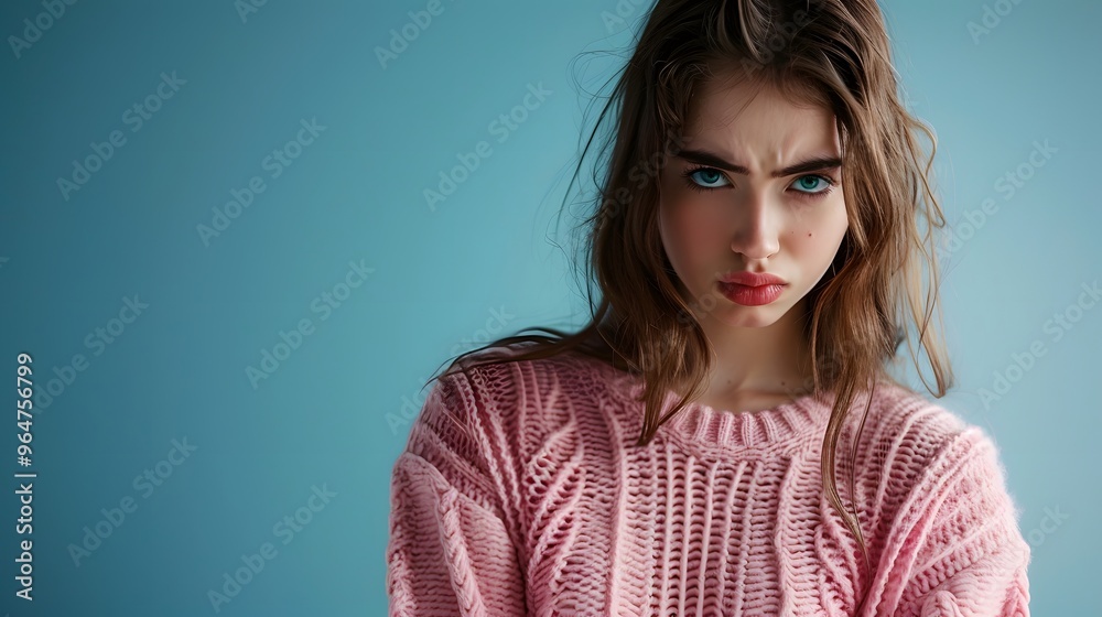 A young woman with an angry expression, wearing a pink sweater against a blue background. A young woman with an angry expression, wearing a pink sweater against a blue background.