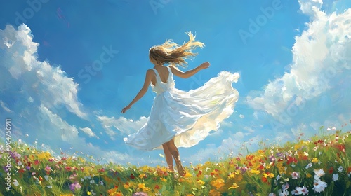 Woman in White Sundress: A woman in a white sundress twirling in a field of flowers, with a bright blue sky above. 