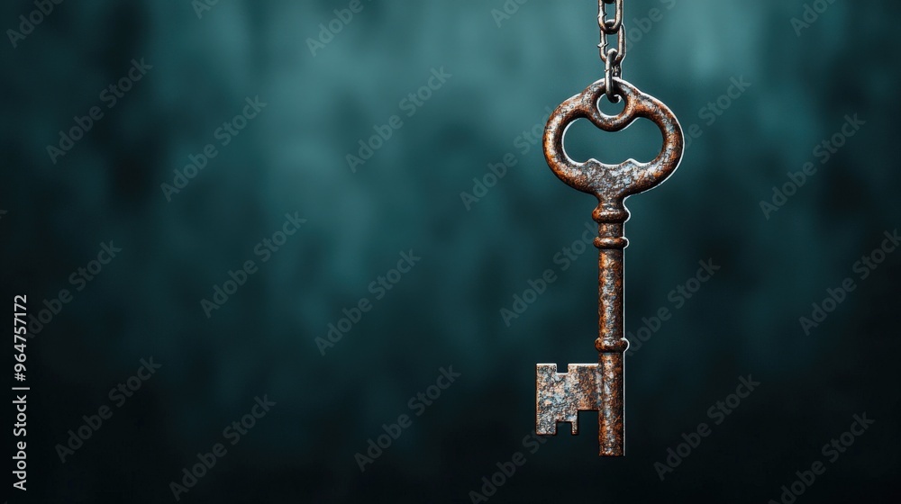 Rusty Key Hanging on a Chain Against a Dark Green Background