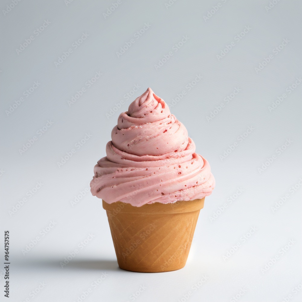 Pink soft serve ice cream in a cone on white background.. Pink soft serve ice cream in a cone on white background..