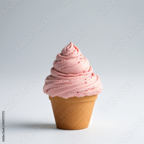 Pink soft serve ice cream in a cone on white background..