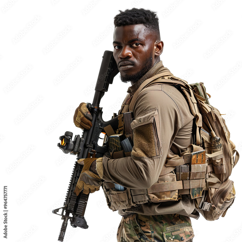 Black African Army Soldiers holding a rifle on a white isolated background. Black African Army Soldiers holding a rifle on a white isolated background.