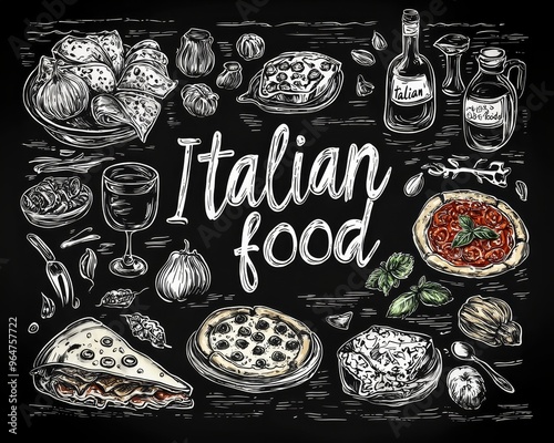 Chalkboard Illustration of Italian Food Pizza Pasta Wine and Garlic