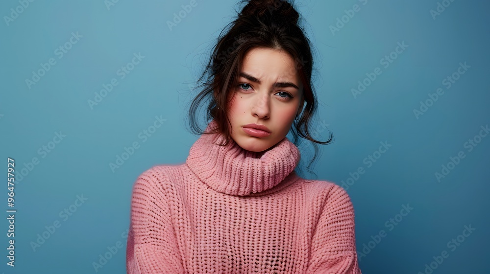 A young woman with an angry expression, wearing a pink sweater against a blue background. A young woman with an angry expression, wearing a pink sweater against a blue background.