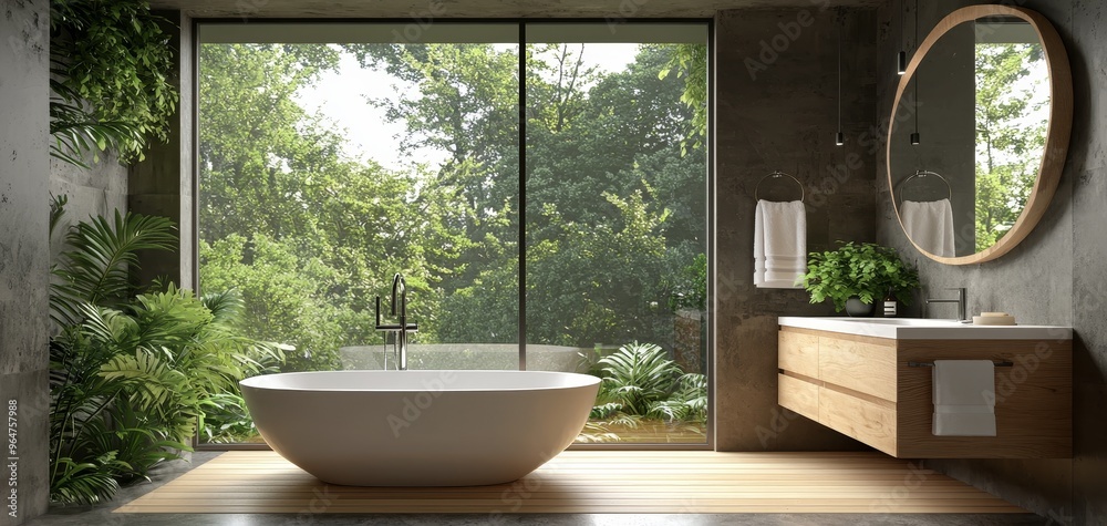 Modern Bathroom with Freestanding Tub Lush Greenery and a View of the Forest Through a Large Window Modern Bathroom with Freestanding Tub Lush Greenery and a View of the Forest Through a Large Window