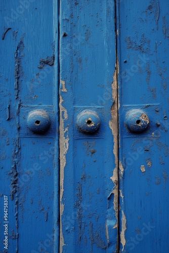 Detailed view of an old, weathered blue wooden door with peeling paint and visible textures, suggesting history and nostalgia.