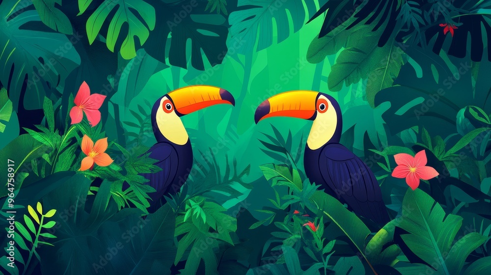 Obraz premium Tropical Toucan Couple in Lush Rainforest, Digital Art, Illustration, Toucan, Rainforest, Jungle