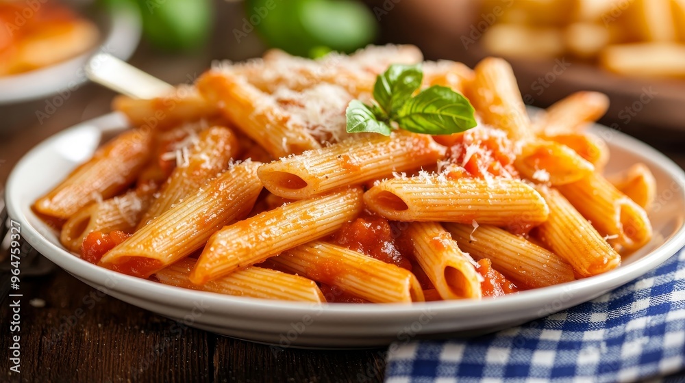 CloseUp of Penne Pasta with Tomato Sauce and Parmesan Cheese on a White Plate and Blue Checkered Napkin CloseUp of Penne Pasta with Tomato Sauce and Parmesan Cheese on a White Plate and Blue Checkered Napkin