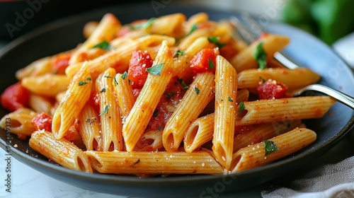 Closeup of Penne Pasta with Tomato Sauce Garnished with Basil in a Black Bowl Capturing the Texture and Flavor of a Simple Italian Dish