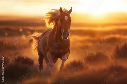 a beautiful light brown horse runs galloping across the meadow at sunset, wallpaper, genetative AI photo